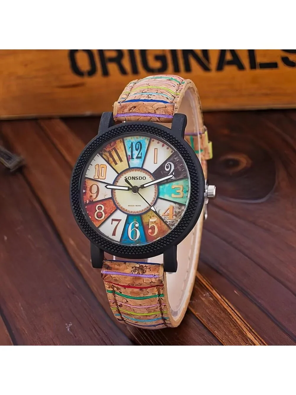 Women's Black Creative Multicolor Woven Strap Fashion Rainbow Pattern Watches